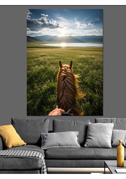Çiçekli Tarlada At Üstünden Manzara Dekoratif Kanvas - Mdf Ahşap Tablo fiyatları