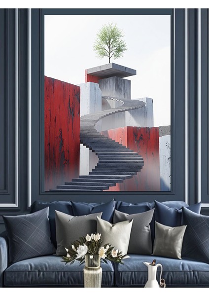 Ağaçlı Kırmızı Duvar Manzarası Merdiven Dekoratif Kanvas - Mdf Ahşap Tablo