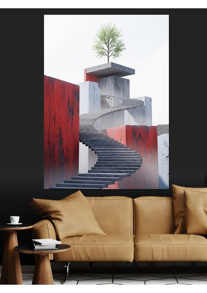 Ağaçlı Kırmızı Duvar Manzarası Merdiven Dekoratif Kanvas - Mdf Ahşap Tablo fiyatları