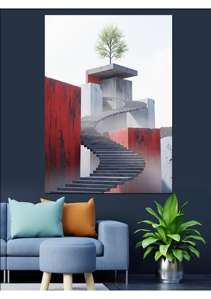 Ağaçlı Kırmızı Duvar Manzarası Merdiven Dekoratif Kanvas - Mdf Ahşap Tablo modelleri