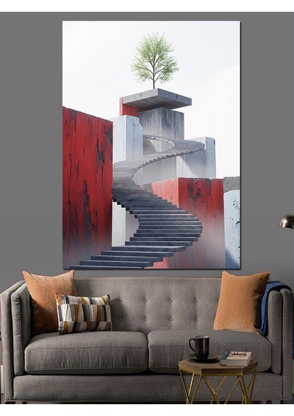 Ağaçlı Kırmızı Duvar Manzarası Merdiven Dekoratif Kanvas - Mdf Ahşap Tablo fırsatları