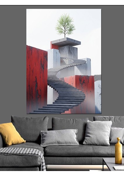 Ağaçlı Kırmızı Duvar Manzarası Merdiven Dekoratif Kanvas - Mdf Ahşap Tablo indirimleri