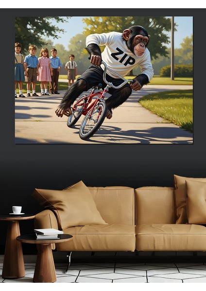 Parkta Bisiklet Süren Maymun Dekoratif Kanvas - Mdf Ahşap Tablo