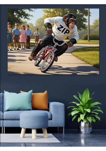 Parkta Bisiklet Süren Maymun Dekoratif Kanvas - Mdf Ahşap Tablo fiyatları