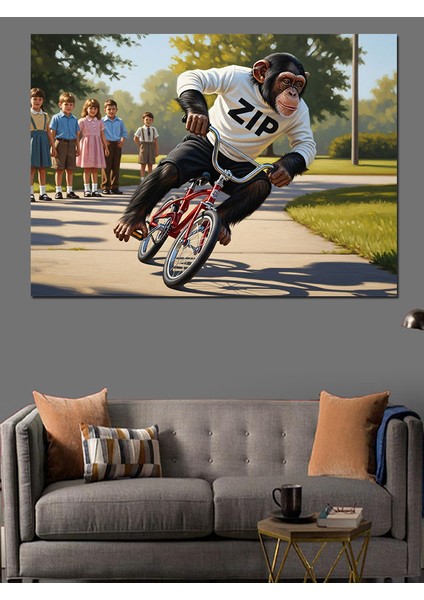 Parkta Bisiklet Süren Maymun Dekoratif Kanvas - Mdf Ahşap Tablo modelleri