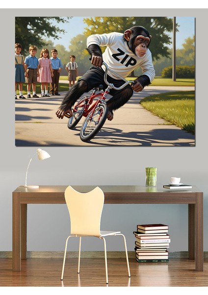 Parkta Bisiklet Süren Maymun Dekoratif Kanvas - Mdf Ahşap Tablo fırsatları