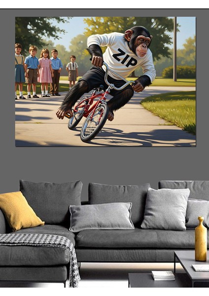 Parkta Bisiklet Süren Maymun Dekoratif Kanvas - Mdf Ahşap Tablo indirimleri