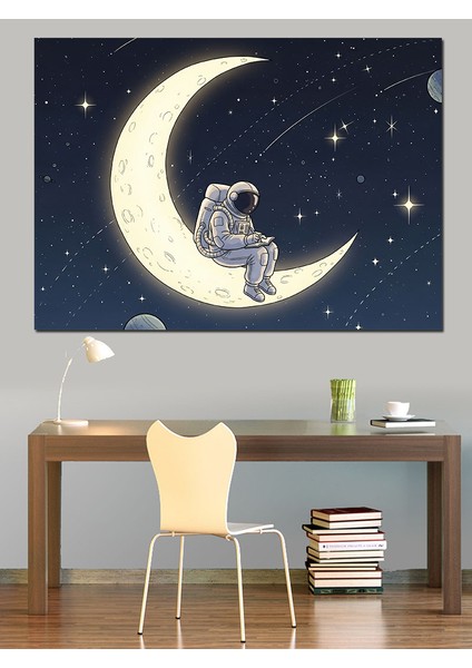 Hilal Ayda Oturan Astronot Görseli Dekoratif Kanvas - Mdf Ahşap Tablo