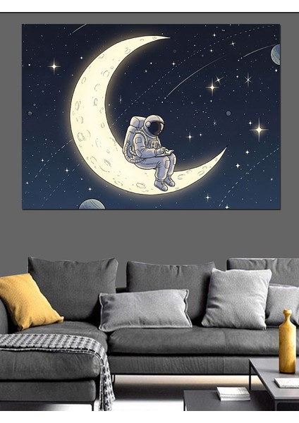 Hilal Ayda Oturan Astronot Görseli Dekoratif Kanvas - Mdf Ahşap Tablo fiyatları