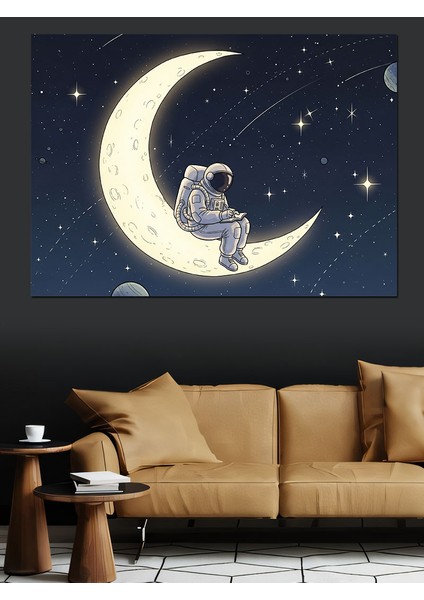 Hilal Ayda Oturan Astronot Görseli Dekoratif Kanvas - Mdf Ahşap Tablo modelleri