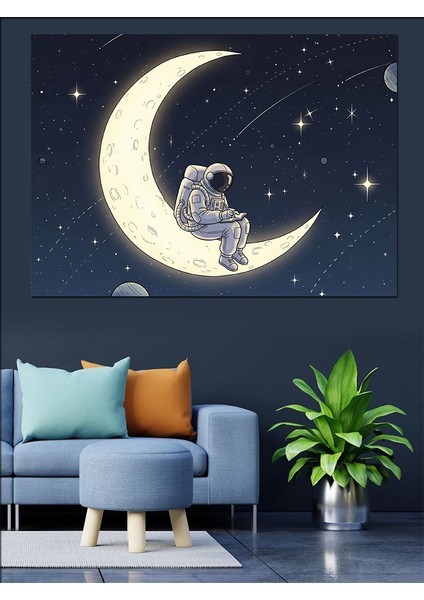 Hilal Ayda Oturan Astronot Görseli Dekoratif Kanvas - Mdf Ahşap Tablo fırsatları