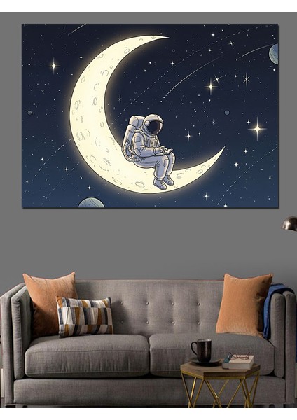 Hilal Ayda Oturan Astronot Görseli Dekoratif Kanvas - Mdf Ahşap Tablo indirimleri