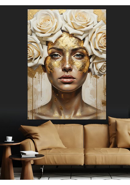 Beyaz Gül ve Altın Maskeli Kadın Heykeli Dekoratif Kanvas - Mdf Ahşap Tablo