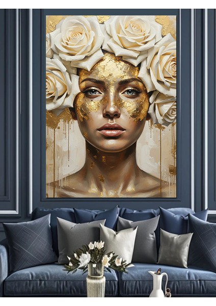 Beyaz Gül ve Altın Maskeli Kadın Heykeli Dekoratif Kanvas - Mdf Ahşap Tablo fiyatları