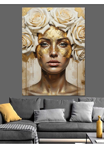 Beyaz Gül ve Altın Maskeli Kadın Heykeli Dekoratif Kanvas - Mdf Ahşap Tablo modelleri