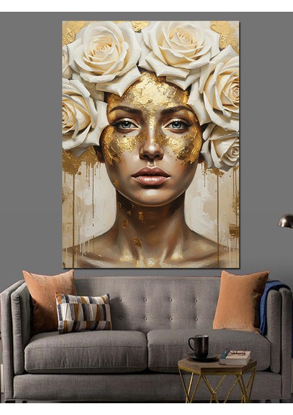 Beyaz Gül ve Altın Maskeli Kadın Heykeli Dekoratif Kanvas - Mdf Ahşap Tablo fırsatları
