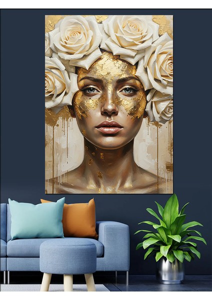 Beyaz Gül ve Altın Maskeli Kadın Heykeli Dekoratif Kanvas - Mdf Ahşap Tablo indirimleri