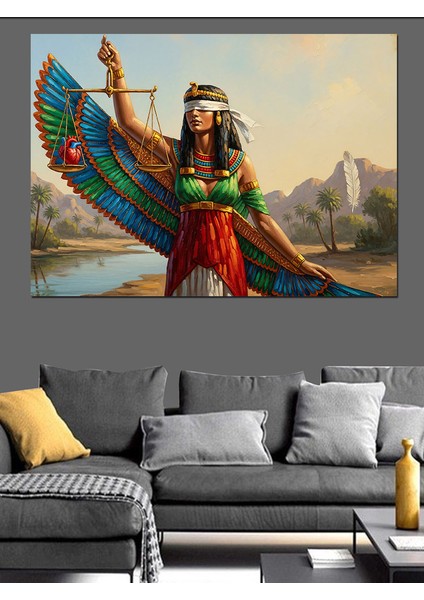 Etnik Giysili Mısır Adalet Tanrıçası Maat ve Terazisi Dekoratif Kanvas - Mdf Ahşap Tablo