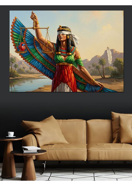 Etnik Giysili Mısır Adalet Tanrıçası Maat ve Terazisi Dekoratif Kanvas - Mdf Ahşap Tablo fiyatları