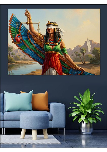 Etnik Giysili Mısır Adalet Tanrıçası Maat ve Terazisi Dekoratif Kanvas - Mdf Ahşap Tablo modelleri