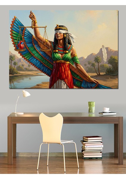 Etnik Giysili Mısır Adalet Tanrıçası Maat ve Terazisi Dekoratif Kanvas - Mdf Ahşap Tablo indirimleri