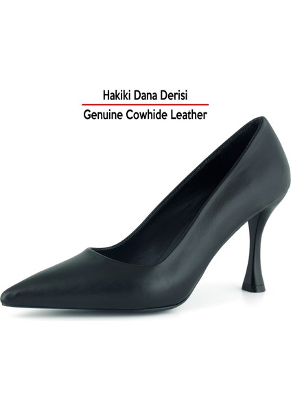 Suzanna Siyah Hakiki Dana Derisi Sivri Burun Klasik İnce Topuklu Ayakkabı