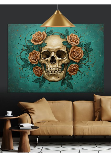 Kafatası Güllerle Çevrili Kurukafa Dekoratif Kanvas - Mdf Ahşap Tablo