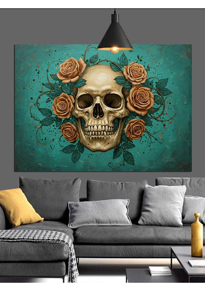 Kafatası Güllerle Çevrili Kurukafa Dekoratif Kanvas - Mdf Ahşap Tablo fiyatları
