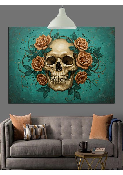 Kafatası Güllerle Çevrili Kurukafa Dekoratif Kanvas - Mdf Ahşap Tablo modelleri