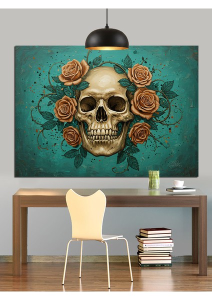 Kafatası Güllerle Çevrili Kurukafa Dekoratif Kanvas - Mdf Ahşap Tablo fırsatları