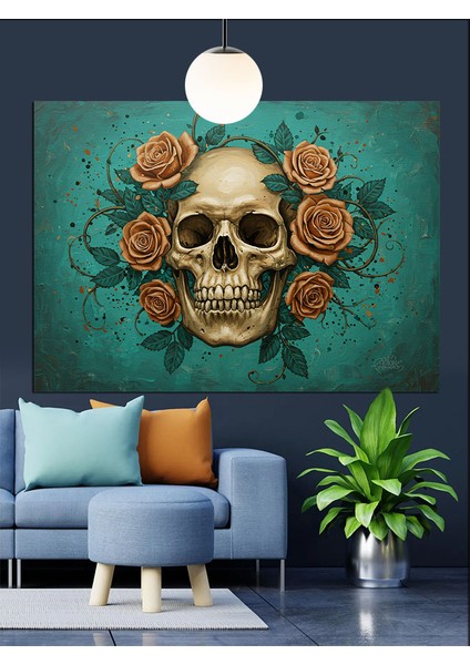 Kafatası Güllerle Çevrili Kurukafa Dekoratif Kanvas - Mdf Ahşap Tablo indirimleri