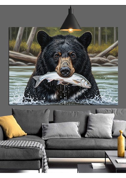 Kahverengi Ayı Nehirde Balık Avında Dekoratif Kanvas - Mdf Ahşap Tablo