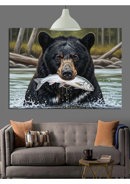 Kahverengi Ayı Nehirde Balık Avında Dekoratif Kanvas - Mdf Ahşap Tablo fiyatları