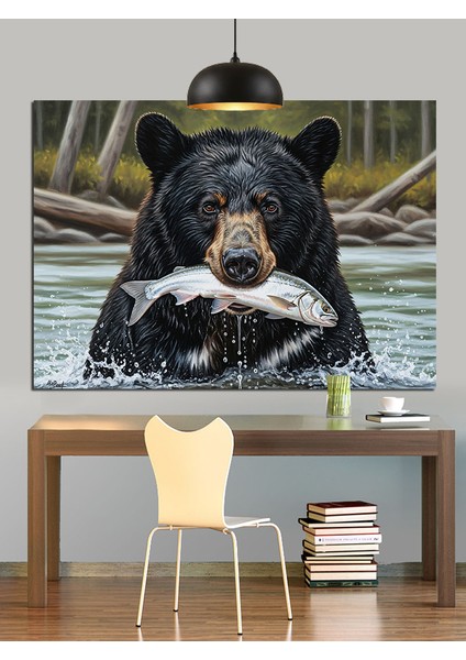 Kahverengi Ayı Nehirde Balık Avında Dekoratif Kanvas - Mdf Ahşap Tablo modelleri