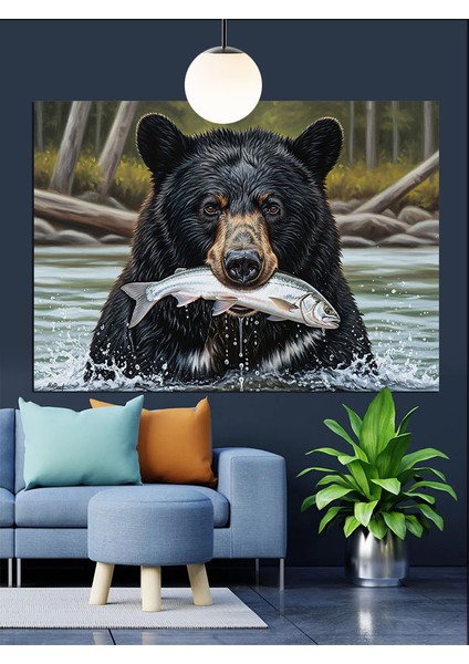 Kahverengi Ayı Nehirde Balık Avında Dekoratif Kanvas - Mdf Ahşap Tablo fırsatları