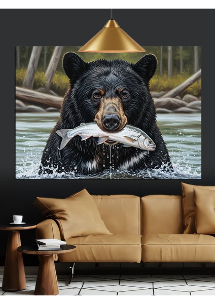 Kahverengi Ayı Nehirde Balık Avında Dekoratif Kanvas - Mdf Ahşap Tablo indirimleri