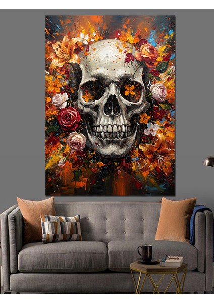 Çiçekli Kurukafa Soyut Sanat Dekoratif Kanvas - Mdf Ahşap Tablo