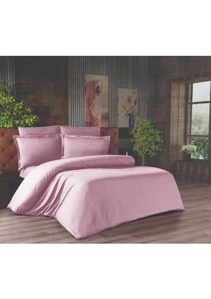 Çift Kişilik Çizgili Saten Nevresim Takımı - 200X220 - 6 Parça Pamuklu Yatak Seti - Gül Kurusu