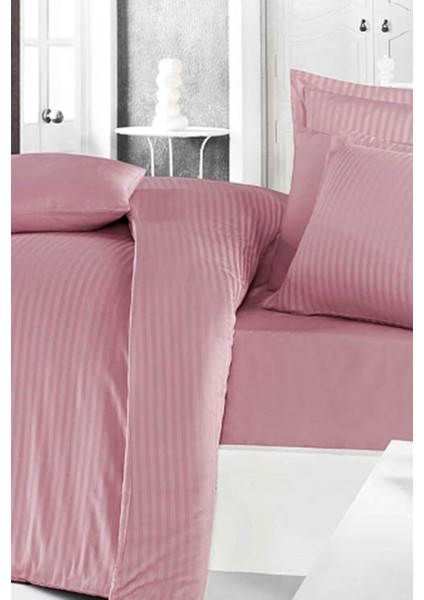 Çift Kişilik Çizgili Saten Nevresim Takımı - 200X220 - 6 Parça Pamuklu Yatak Seti - Gül Kurusu fiyatları