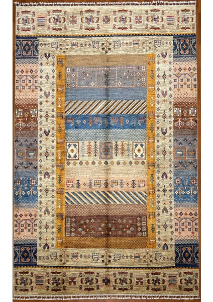 El Dokuma Afgan Halı Gebbeh Desenli Bej Renk 6 Metre Kare