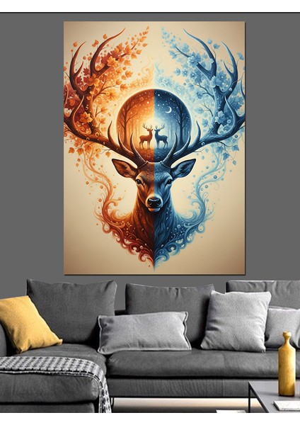 Gece ve Gündüz Geyik Teması Dekoratif Kanvas - Mdf Ahşap Tablo