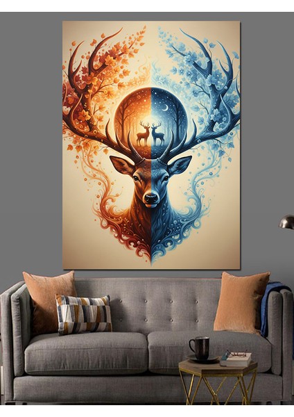 Gece ve Gündüz Geyik Teması Dekoratif Kanvas - Mdf Ahşap Tablo fiyatları