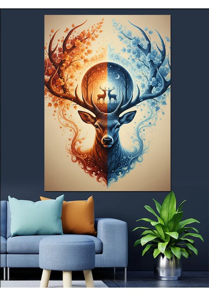 Gece ve Gündüz Geyik Teması Dekoratif Kanvas - Mdf Ahşap Tablo modelleri