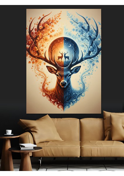 Gece ve Gündüz Geyik Teması Dekoratif Kanvas - Mdf Ahşap Tablo fırsatları
