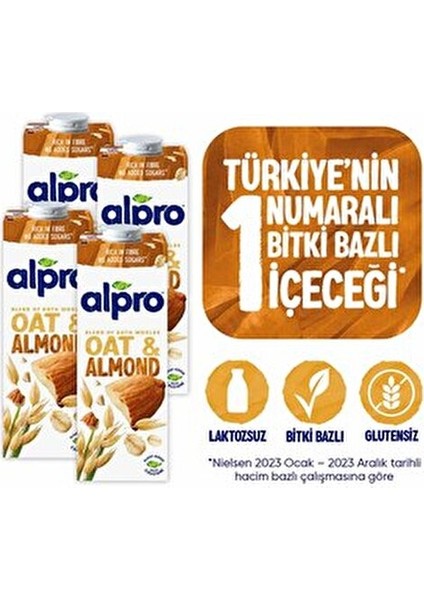 Yulaf & Badem İçeceği 4x1 Lt Doğal Laktozsuz Vegan Ürün Akdeniz Bademleri ile Zenginleştirilmiş