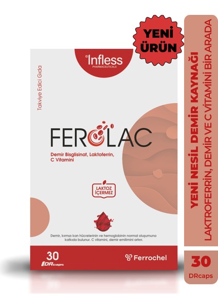 Ferolac Demir (Bisglisinat Şelat), Laktoferrin ve C Vitamini – 30 Kapsül