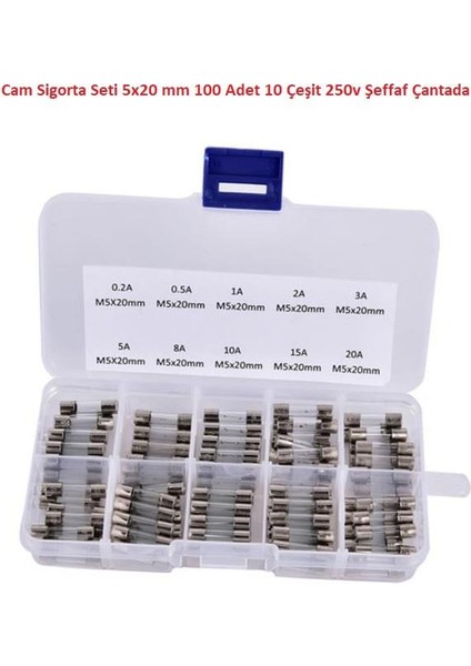 Hatfon Cam Sigorta Seti 5X20 mm 100 Adet 10 Çeşit 250V Şeffaf Çantada