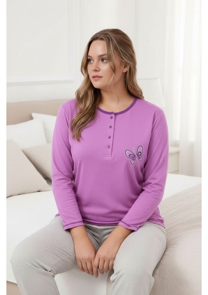 Kadın Bisiklet Yaka Düğmeli Kelebek Nakışlı Uzun Kol Büyük Beden Pamuk Curve Gecelik