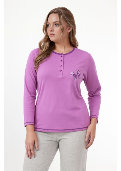 Kadın Bisiklet Yaka Düğmeli Kelebek Nakışlı Uzun Kol Büyük Beden Pamuk Curve Gecelik fiyatları