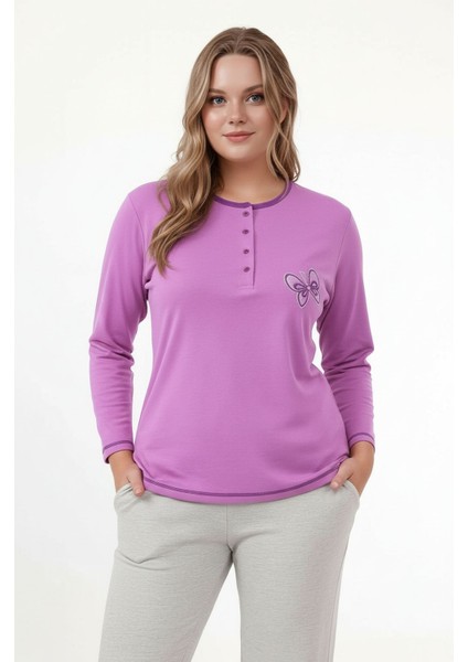 Kadın Bisiklet Yaka Düğmeli Kelebek Nakışlı Uzun Kol Büyük Beden Pamuk Curve Gecelik modelleri